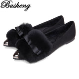 New Arrive Women Flat Shoes Metal Pointed Toe Flats Bowtie Shoes Women Rabbit Fur Ladies Shoes Plus size 33-42 BUSHENG612-3