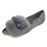 New Arrive Women Flat Shoes Metal Pointed Toe Flats Bowtie Shoes Women Rabbit Fur Ladies Shoes Plus size 33-42 BUSHENG612-3