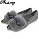 New Arrive Women Flat Shoes Metal Pointed Toe Flats Bowtie Shoes Women Rabbit Fur Ladies Shoes Plus size 33-42 BUSHENG612-3