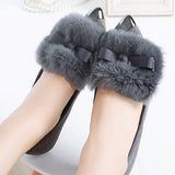 New Arrive Women Flat Shoes Metal Pointed Toe Flats Bowtie Shoes Women Rabbit Fur Ladies Shoes Plus size 33-42 BUSHENG612-3