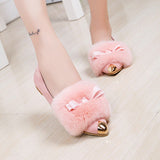 New Arrive Women Flat Shoes Metal Pointed Toe Flats Bowtie Shoes Women Rabbit Fur Ladies Shoes Plus size 33-42 BUSHENG612-3