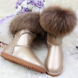 Winter Luxury Ultralarge Natural Fox Fur Snow Boots Genuine Leather Women Middle Calf Boots Real Fur Snow Boots Women's Shoes