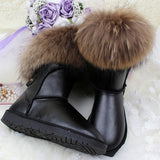 Winter Luxury Ultralarge Natural Fox Fur Snow Boots Genuine Leather Women Middle Calf Boots Real Fur Snow Boots Women's Shoes