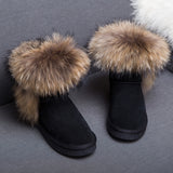 Winter Luxury Ultralarge Natural Fox Fur Snow Boots Genuine Leather Women Middle Calf Boots Real Fur Snow Boots Women's Shoes