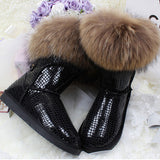 Winter Luxury Ultralarge Natural Fox Fur Snow Boots Genuine Leather Women Middle Calf Boots Real Fur Snow Boots Women's Shoes