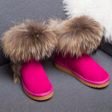 Winter Luxury Ultralarge Natural Fox Fur Snow Boots Genuine Leather Women Middle Calf Boots Real Fur Snow Boots Women's Shoes