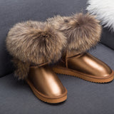 Winter Luxury Ultralarge Natural Fox Fur Snow Boots Genuine Leather Women Middle Calf Boots Real Fur Snow Boots Women's Shoes