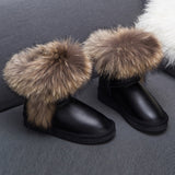 Winter Luxury Ultralarge Natural Fox Fur Snow Boots Genuine Leather Women Middle Calf Boots Real Fur Snow Boots Women's Shoes