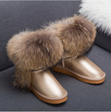 Winter Luxury Ultralarge Natural Fox Fur Snow Boots Genuine Leather Women Middle Calf Boots Real Fur Snow Boots Women's Shoes