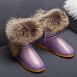 Winter Luxury Ultralarge Natural Fox Fur Snow Boots Genuine Leather Women Middle Calf Boots Real Fur Snow Boots Women's Shoes