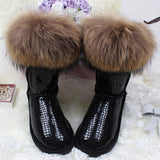 Winter Luxury Ultralarge Natural Fox Fur Snow Boots Genuine Leather Women Middle Calf Boots Real Fur Snow Boots Women's Shoes