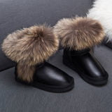 Winter Luxury Ultralarge Natural Fox Fur Snow Boots Genuine Leather Women Middle Calf Boots Real Fur Snow Boots Women's Shoes