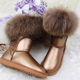 Winter Luxury Ultralarge Natural Fox Fur Snow Boots Genuine Leather Women Middle Calf Boots Real Fur Snow Boots Women's Shoes