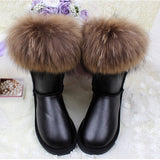 Winter Luxury Ultralarge Natural Fox Fur Snow Boots Genuine Leather Women Middle Calf Boots Real Fur Snow Boots Women's Shoes