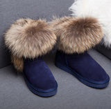 Winter Luxury Ultralarge Natural Fox Fur Snow Boots Genuine Leather Women Middle Calf Boots Real Fur Snow Boots Women's Shoes