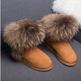 Winter Luxury Ultralarge Natural Fox Fur Snow Boots Genuine Leather Women Middle Calf Boots Real Fur Snow Boots Women's Shoes